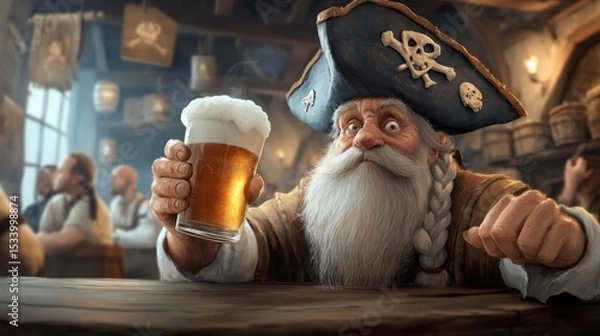 Fototapeta Weathered pirate in dim tavern, gray beard, tricorn hat, holding frothy beer, evoking tales of the high seas and adventure
