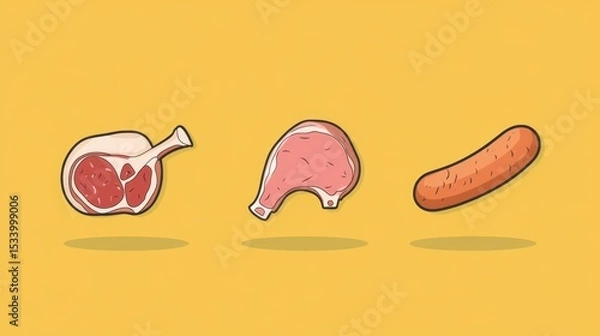 Fototapeta Meat Counter Icon Design, flat vector style featuring steak, chicken leg, sausage, minimalistic arrangement for culinary themes