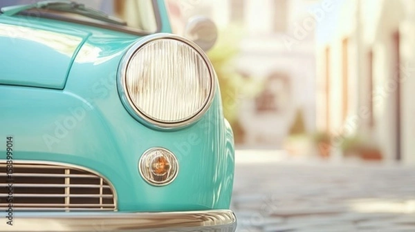 Fototapeta Intricate Car Front Design, showcasing the elegance of headlights and grille in bright sunlight, emphasizing craftsmanship and style.