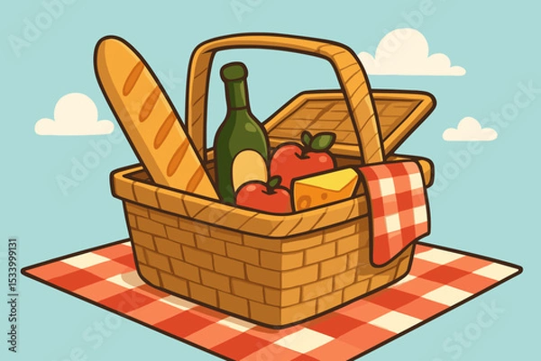 Obraz Picnic basket with food and wine for a summer lunch outdoor. Vector illustration of a wicker basket with baguette, cheese, and apples on a gingham blanket under a blue sky.