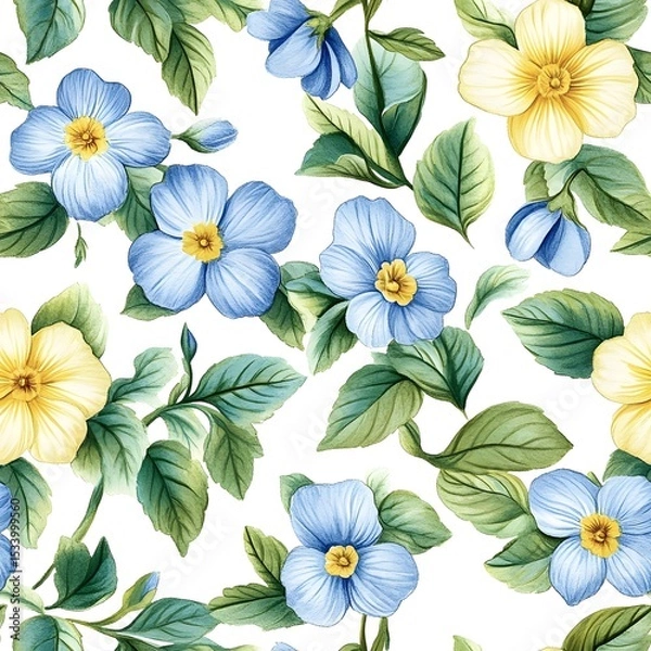 Obraz Delicate floral pattern with blue and yellow flowers and leaves.