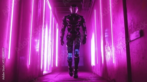Fototapeta Futuristic robot walks down a neon-lit corridor