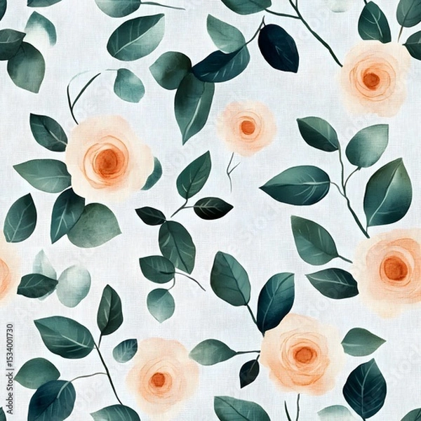 Obraz Delicate floral pattern of peach roses and eucalyptus leaves on a light background.