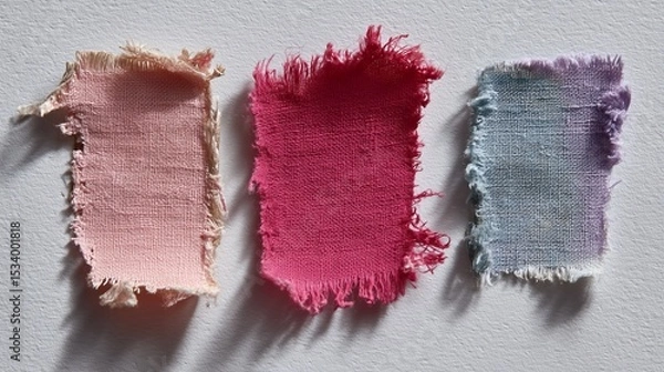 Obraz Torn fabric scraps on plain white background, minimalist textile decay, soft destruction