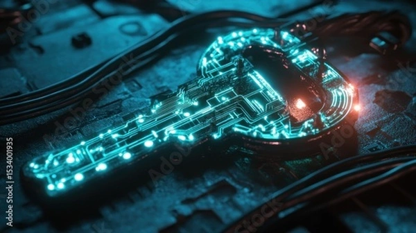 Fototapeta Digital Key with Circuitry.  A glowing, futuristic key, shaped like a circuit board, rests on a dark metallic surface.  Intricate glowing pathways suggest advanced technology and security