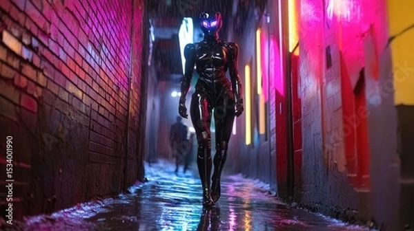 Fototapeta Futuristic robot in a neon-lit alleyway
