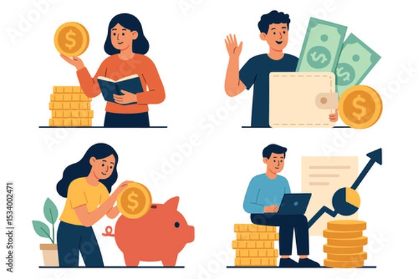 Obraz Financial literacy vector set. People managing personal finance, saving money in piggy bank, investing for growth. Financial education, budget planning, wealth building concepts.