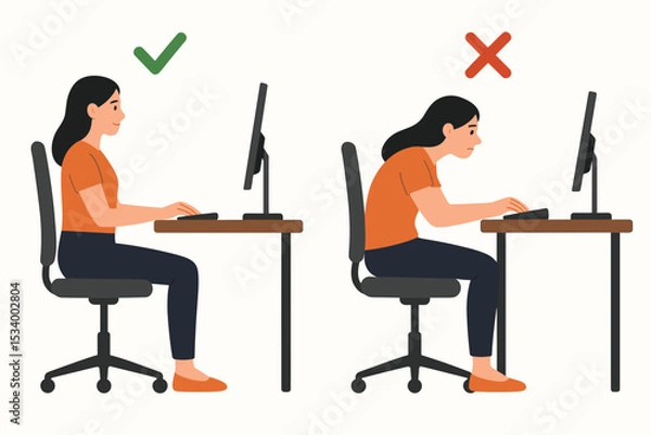 Obraz Proper and improper sitting posture comparison. Woman at office desk with computer. Ergonomic correct versus incorrect position for spine health. Bad posture causing back pain. Vector.