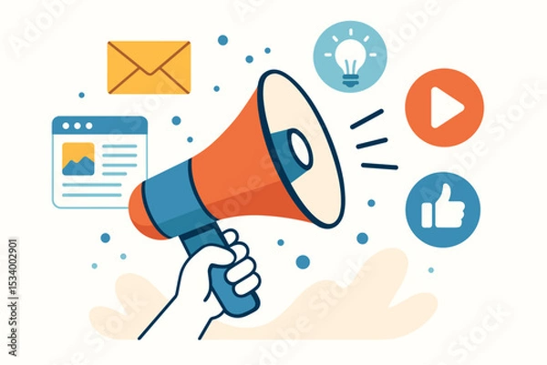 Obraz Digital marketing concept with hand holding megaphone. Social media, content strategy, email advertising, and promotion icons. Vector illustration for business communication and brand announcement.