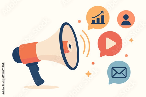 Obraz Digital marketing concept with a megaphone announcing business strategy. Advertising and promotion illustration with icons for email, video, analytics, and target audience.