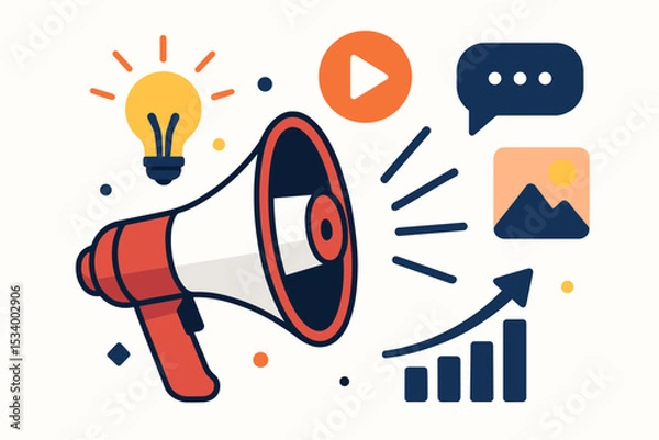 Obraz Digital marketing concept with megaphone for advertising and promotion. Social media, content creation, and business growth strategy. Creative ideas and analytics vector illustration.