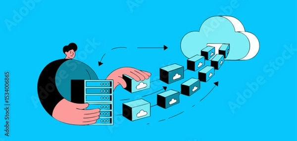 Fototapeta it specialist moving server data blocks to cloud storage, vector illustration for cloud migration, data transfer process and digital infrastructure transformation