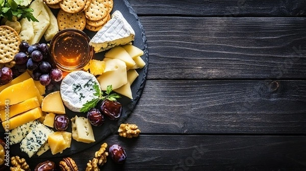 Fototapeta A cheese platter on a round slate board featuring a variety of gourmet cheeses, grapes, walnuts, crackers, and a jar of honey