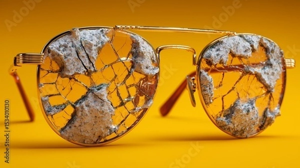 Obraz Shattered sunglasses on plain yellow background, broken lenses, minimalist accessory decay