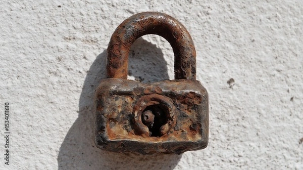 Obraz Rusty broken padlock on white surface, aged security damage, minimalist metal decay