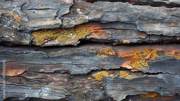 Fototapeta Decomposed forest wood close-up with moss, decay, and fungal growth--textured and raw.
