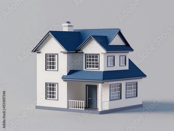 Obraz 3D render of a simple two-story house with a blue roof, white walls, and gray trim, isolated on a gray background.