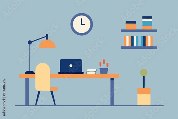 Fototapeta Flat design vector illustration of a businessman working on a laptop at his office desk with a lamp and chair