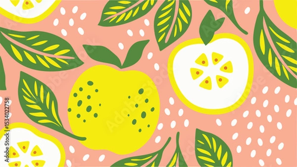Fototapeta A vibrant pattern featuring yellow apples green leaves and white dots on a light pink background design art