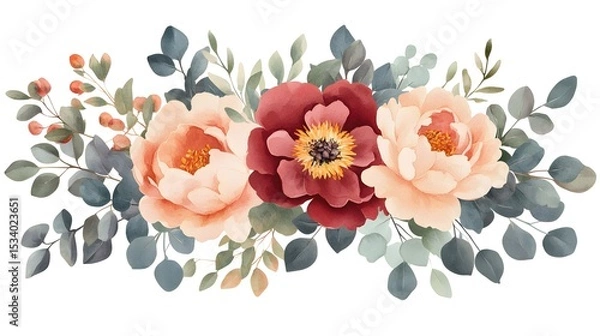 Obraz Delicate floral arrangement with peonies and eucalyptus.
