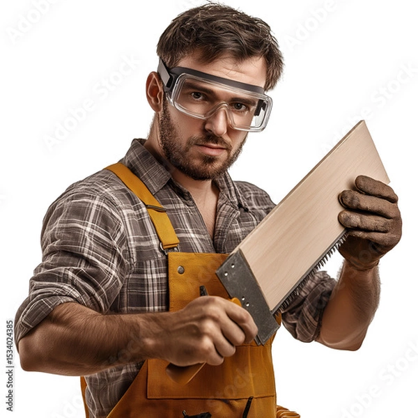 Obraz Carpenter handyman sawing wood with safety glasses studio shot image on transparent background