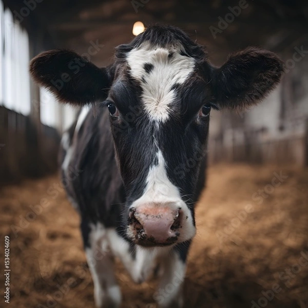 Fototapeta Close up of a cow with a full udder standing in a barn