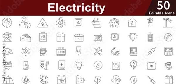 Fototapeta Electricity and Energy Line Icons Set: Power, Renewable and Industrial Symbols. Editable Vector Icons