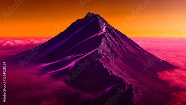 Fototapeta Majestic Mountain Peak Emerging Above Vibrant Clouds at Surreal Sunset Atmosphere.