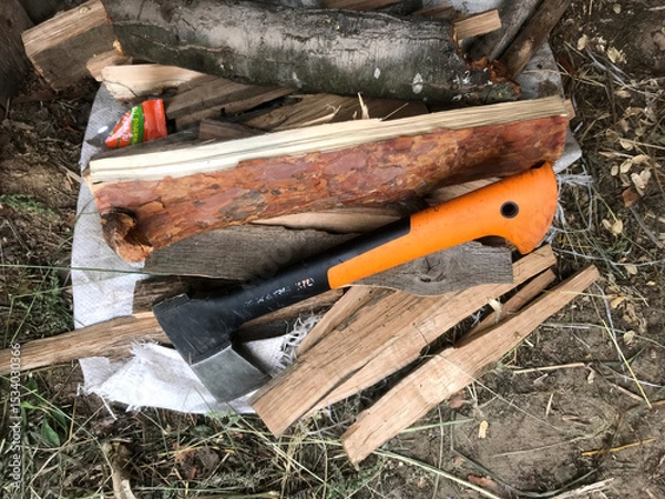 Obraz Splitting wood with an axe in a rustic outdoor setting