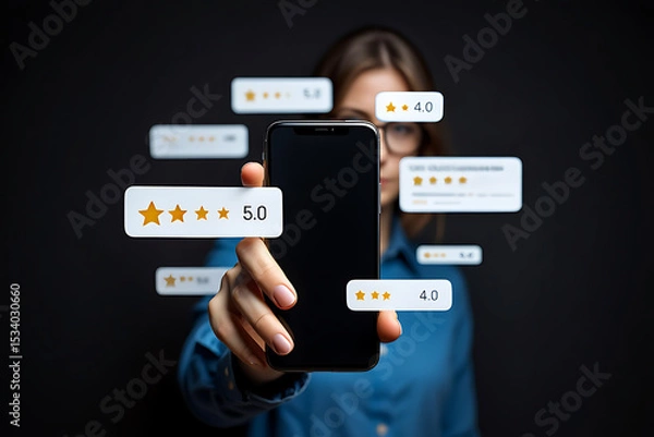 Obraz Woman holding smartphone with online customer reviews and star ratings displayed