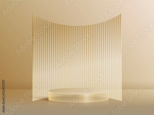 Obraz 3D glass transparent crystal. Empty cylindrical pedestal. 3D cylinder and cube glass platforms set background. Vector realistic illustration of transparent plastic round and square p