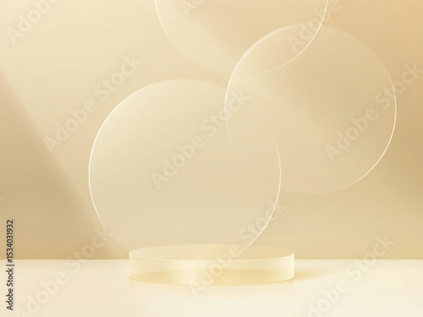 Obraz 3D glass transparent crystal. Empty cylindrical pedestal. 3D cylinder and cube glass platforms set background. Vector realistic illustration of transparent plastic round and square p