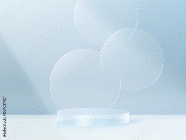 Obraz 3D glass transparent crystal. Empty cylindrical pedestal. 3D cylinder and cube glass platforms set background. Vector realistic illustration of transparent plastic round and square p