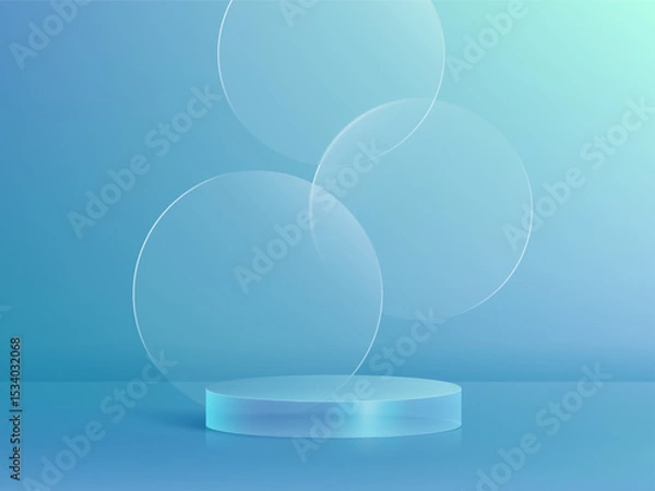 Obraz 3D glass transparent crystal. Empty cylindrical pedestal. 3D cylinder and cube glass platforms set background. Vector realistic illustration of transparent plastic round and square p