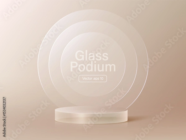 Obraz 3D glass transparent crystal. Empty cylindrical pedestal. 3D cylinder and cube glass platforms set background. Vector realistic illustration of transparent plastic round and square p