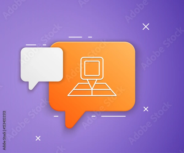 Fototapeta White Folded map with location marker icon isolated on purple background. Orange speech bubble symbol. Vector