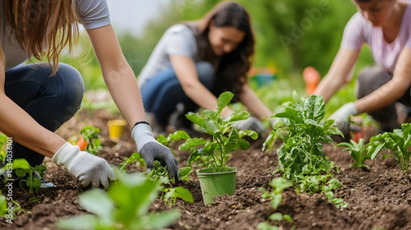 Obraz People planting trees or working in community garden promoting local food production