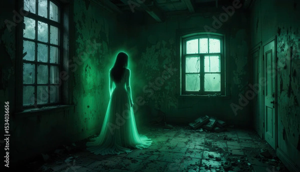 Obraz Ethereal Ghost in White Dress, Abandoned Room, Window Light