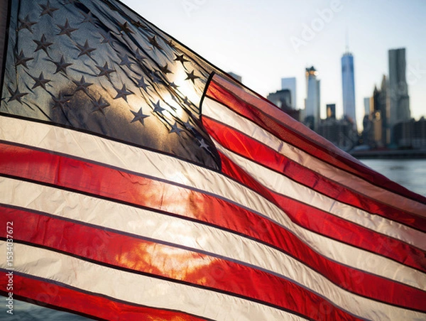 Obraz American Flag Waving, Backlit by Sun, City Skyline Background