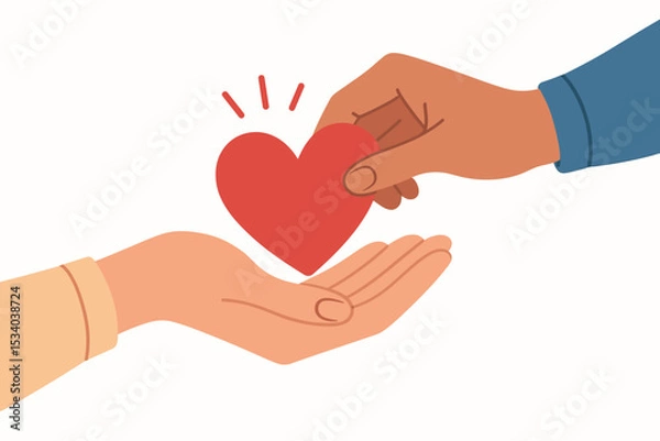 Fototapeta Hand giving red heart to another. Charity and donation concept. Vector illustration of volunteering, kindness, love, and support. Multiracial hands showing compassion and hope.