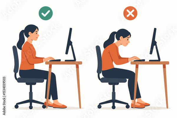 Fototapeta Correct and incorrect sitting posture infographic. Woman at desk with computer showing right vs wrong positions. Ergonomics for office work, spine health, back pain prevention.