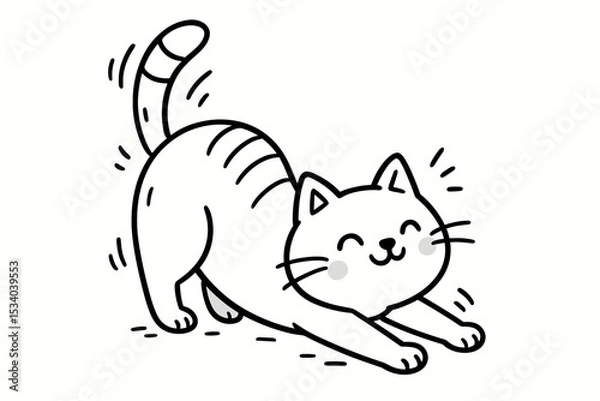 Fototapeta Cute stretching cat doodle. Simple kawaii kitten line art illustration. Happy feline animal character for coloring book. Minimalist pet outline drawing on white background.