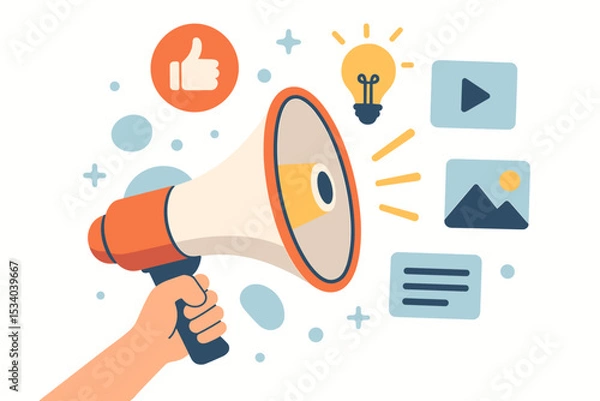Fototapeta Digital marketing and advertising concept. Hand holding a megaphone for a promotion campaign. Social media communication, content strategy with like, idea, video, and photo icons.