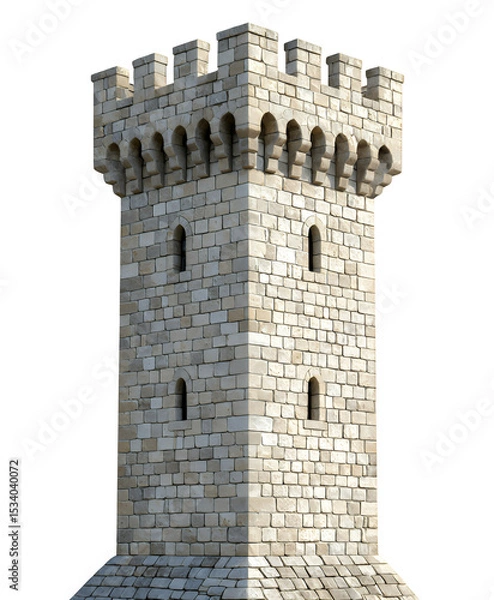Fototapeta Stone Tower with Transparent Background, Medieval Design Element