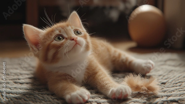 Obraz Ginger tabby little kitten lying on carpet and looking up. 
