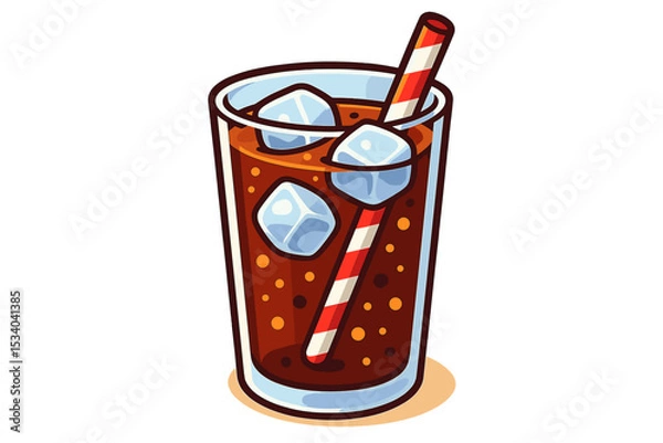 Fototapeta Refreshing glass of cold cola soda with ice cubes and striped straw. Vector illustration of a fizzy carbonated beverage. Cartoon icon for fast food menu or summer drink.