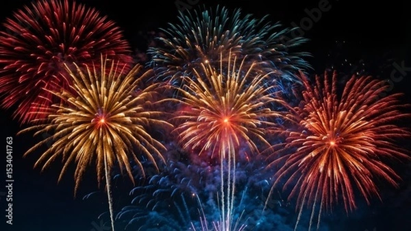 Obraz A vibrant explosion of green and purple fireworks lighting up the night, captured with sharp detail.