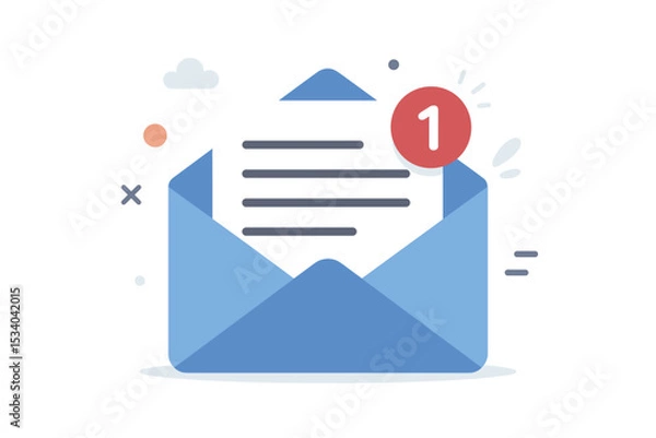 Fototapeta Email notification icon with one new message. Open envelope with letter in inbox. Vector illustration for communication, correspondence, and alert. Flat design symbol for app or web.