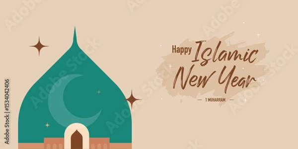 Fototapeta Happy Islamic New Year greeting card design with modern art style concept