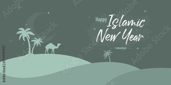 Fototapeta Happy Islamic New Year greeting card design with modern art style concept